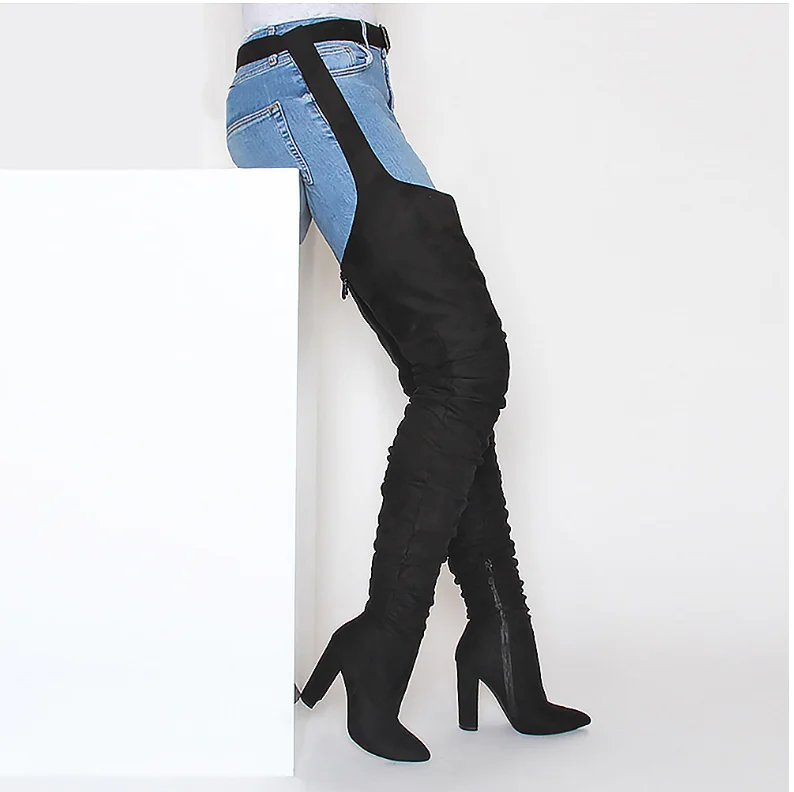 

Chaussures Femme Black Green thigh high over the knee boots high heel Pants Botas gothic female Ladies shoes Buckle Strap boot