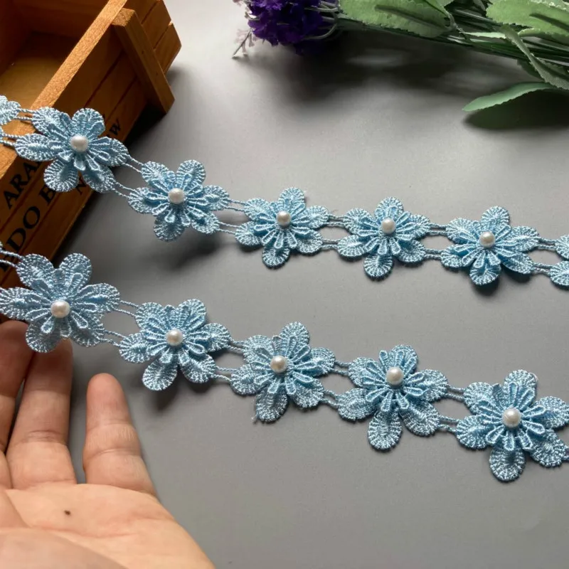 20x Fiocco di neve blu Perla Fiore Lace Trim Tessuto Nastro Applique Mestiere Fascia per capelli fai da te Matrimonio Ricamato Rifiniture Abito da