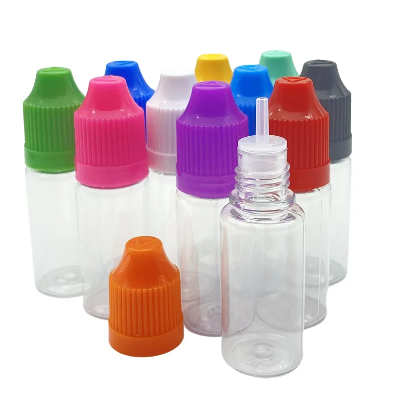 200Pcs 10ml PET Clear Refillable Bottle With Childproof Cap And Long Thin Tips Small Dropper Vials