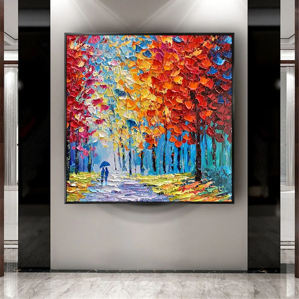 

Hand-Painted Maples Oil Paintings Orange Tree-Lined Path View Canvas Poster Large Landscape Modern Wall Art Picture For Home