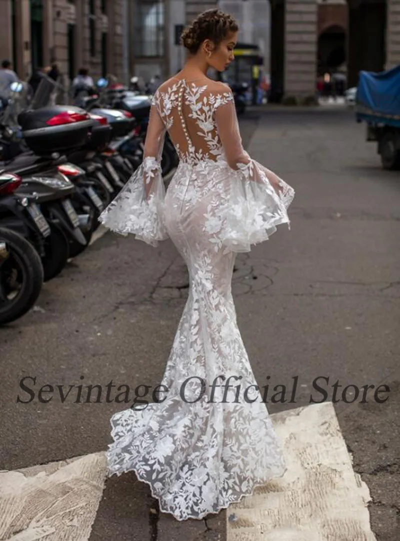 Sevintage – robe de mariée sirène en dentelle, style Boho, manches longues évasées, avec boutons, sur mesure, pour la plage