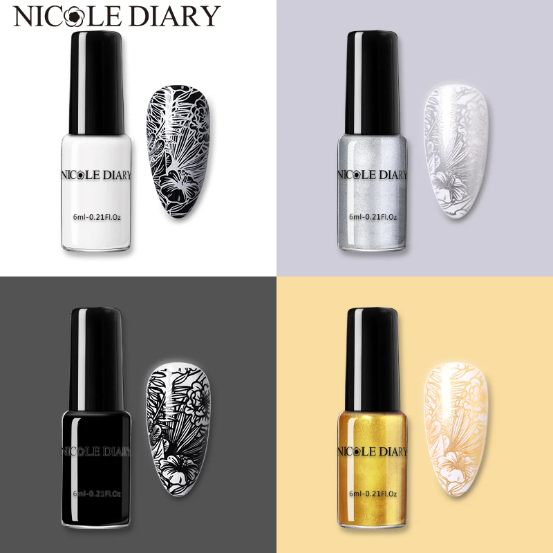 NICOLE DIARY 6/5/4/2pcs Nail Stamping Polish Set Black White Gold Silver Basic Colors Stamp Varnishes DIY Printing Lacquers