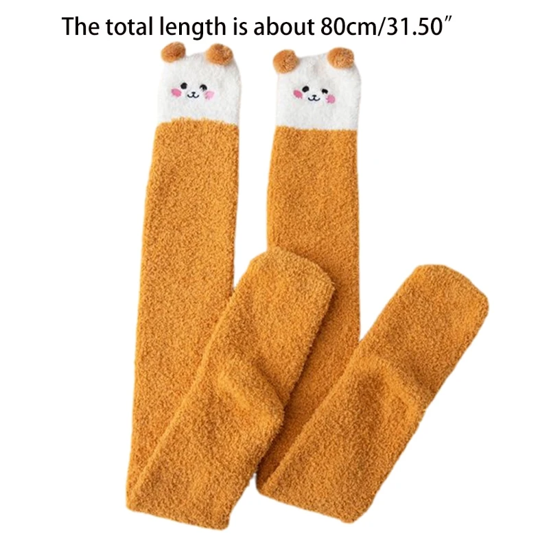 Women Cartoon Thigh High Fuzzy Slipper Socks Animal Embroidery 3D Ears Over Knee Long Stockings Fluffy Plush Leg Warmers