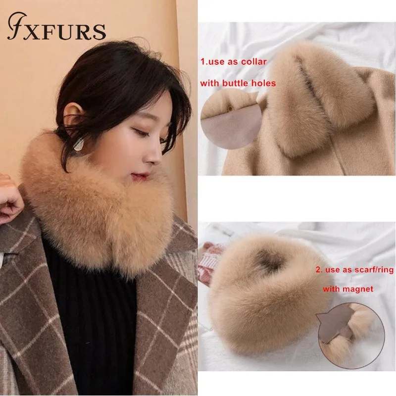 FXFURS 2021 New Korean Style Women Winter Fox Fur Scarves Real Fur Mufflers with Magnet Easy Wear 100% Fox Fur Collar Scarf Ring