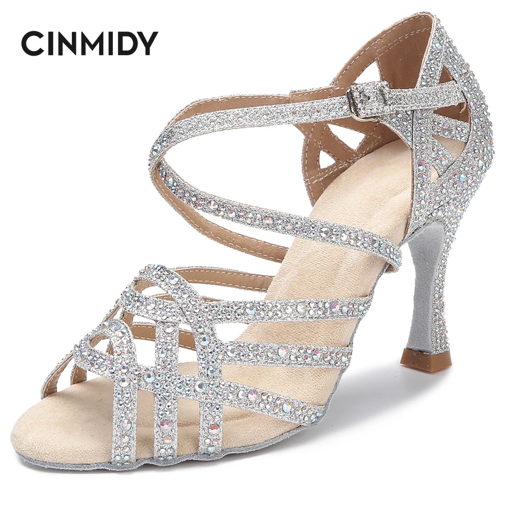 CINMIDY Latin Dance Shoes Cuban Heel Salsa Ballroom Dance Heels Silver Rhinestone Wedding Shoes Women Party Performance Shoes