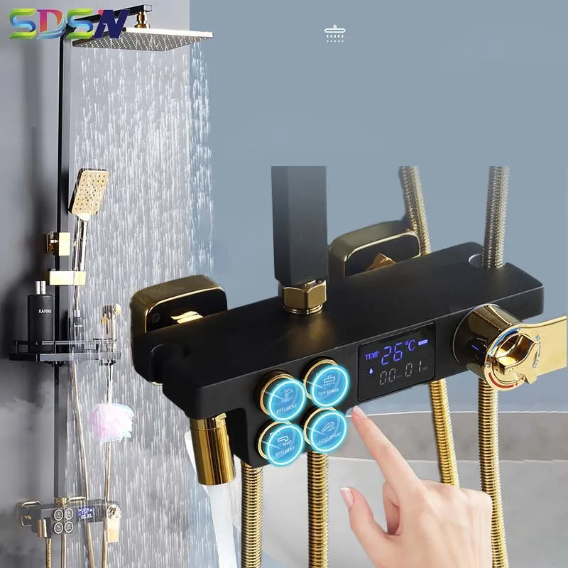 Smart Thermostatic Shower Set Black Gold Bathroom Shower Mixer Faucets Intelligent Rainfall Thermostatic Digital Bath Shower Set