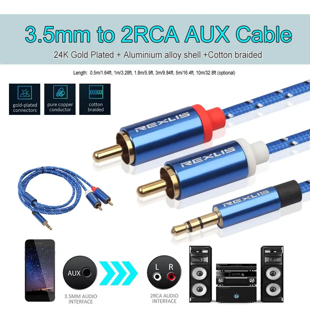 Audio Cable 0.5/1/1.8/3/5/10m RCA Audio Cable 2RCA Male to 3.5mm Jack to 2 RCA AUX Cable Cotton Braided Splitter for Home MP3