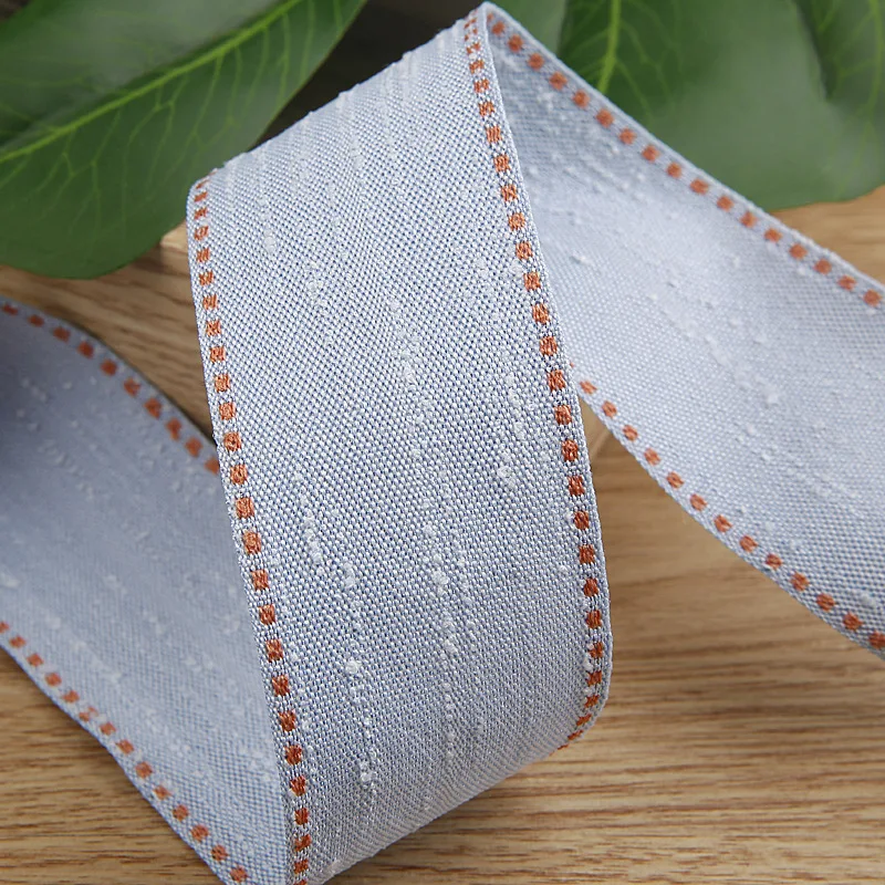 Linen Denim Color Ribbon Dotted Embroidery Edegs DIY Clothing Hair Bowknot Jewelry Accessory Floral Handmade Pet Collar Material