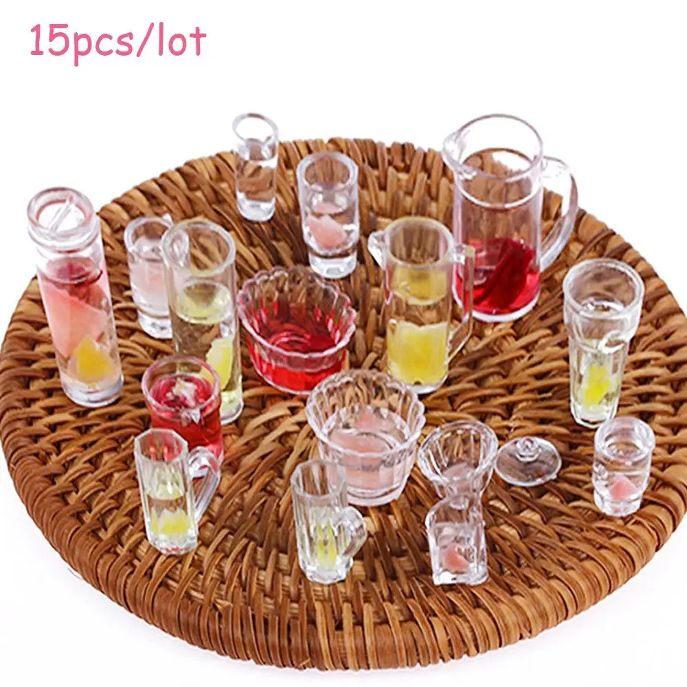 15PCS/Lot Miniature Cup Dish Bowl Simulation Tableware Set Acrylic Transparent Kids Kitchen Toy Dollhouse Decoration Accessories
