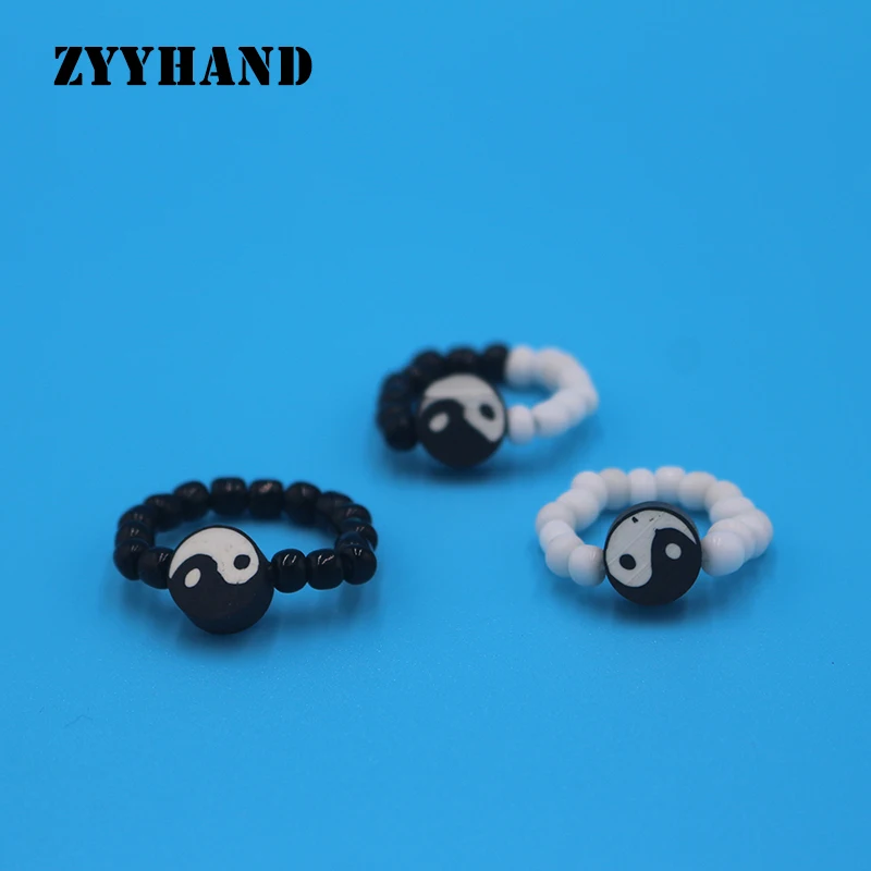 Polymer Clay Adjustable Rice Beads Women Ring Girl Elastic TaiJi Customized Free Size Jewelry