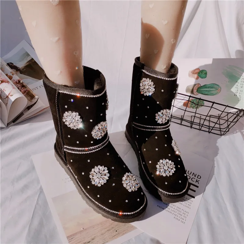 Shinner Rhinestone Flower Black Snow Boots Ladies Bling Diamond Flat Warm Plush Slip On Mid-Calf Winter Booties