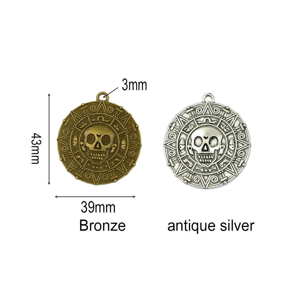 2 pcs Antique Silver bronze EXTRA large Aztec Halloween Pirate Skull statement necklace jewelry  pendant