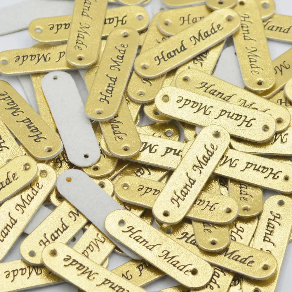 KALASO Wholesale 30pcs Gold Color Handmade Labels Tags Clothes Garment PU Leather Jeans Bags DIY Craft Knitting Sewing Supplies