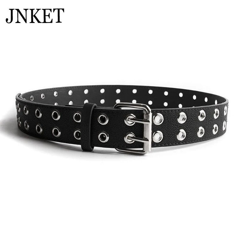 JNKET Punk Double Pin Buckle Men\'s Belt Grommet Rivets Waist Belt PU Leather Waist Strap Fashion Casual Jeans Rock Belt