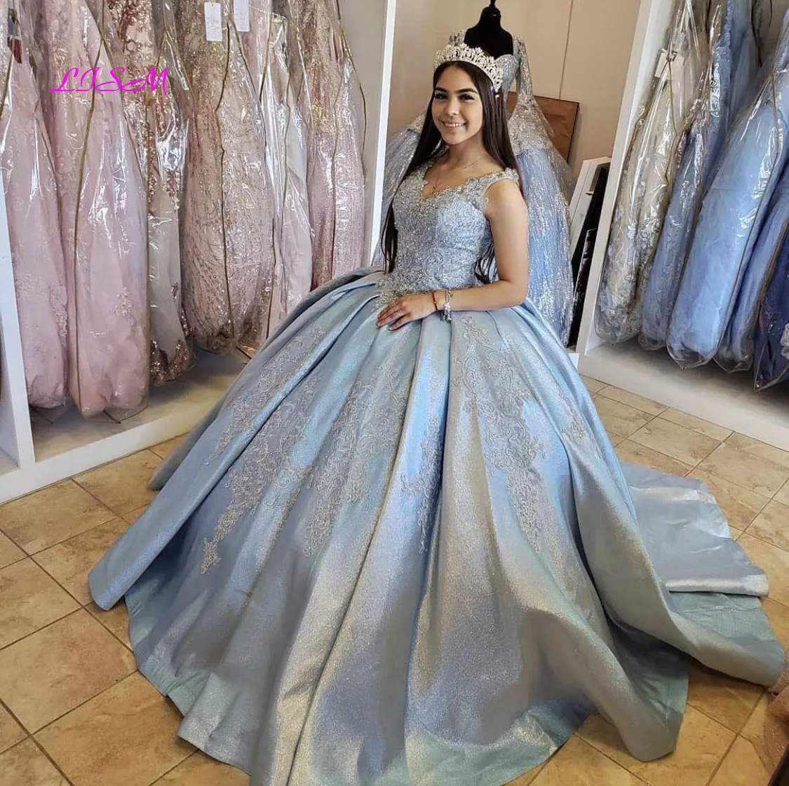 Abito Quinceanera azzurro 2021 scollo a v paillettes perline pizzo Backless Party principessa dolce 16 abito da ballo abiti da 15 ol