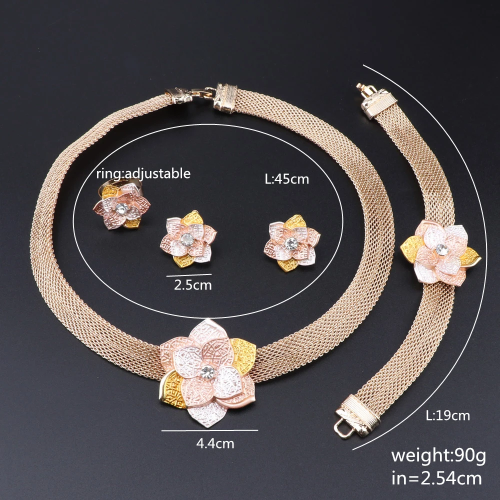 Dubai Gold Color Wedding for Women Flower Shape Necklace Earrings Bracelet Ring African Bridal Gifts Collares Jewellery set