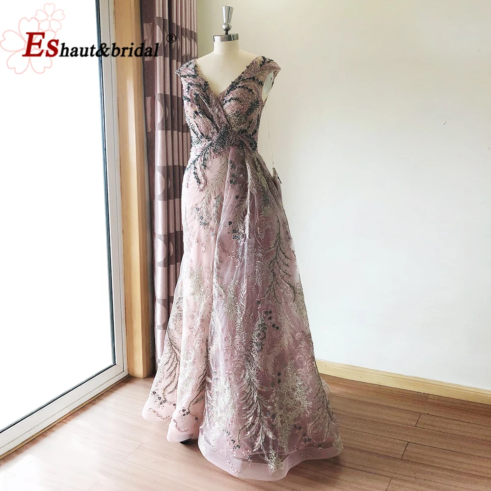 Elegant Dubai Mermaid Sleeveless Evening Night Dress 2024 V-Neck Crystal Lace Long Formal Prom Wedding Party Gowns Customized