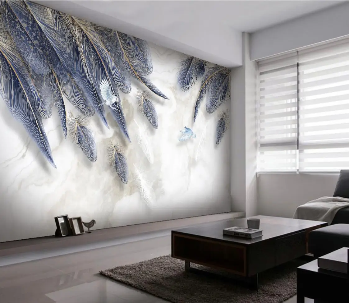 

HD hand-painted blue feather 3d wallpaper marble pattern background wall painting home decoration custom size wallpaper murals