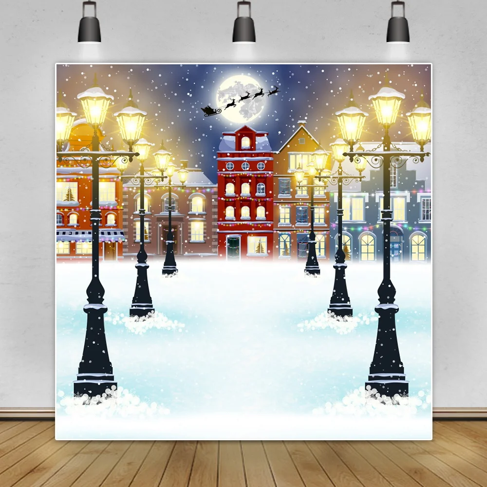 

Winter Snow View Cartoon Castle Vintage Lantern Baby Child Photography Background Night Moon Santa Claus Poster Photo Backdrop