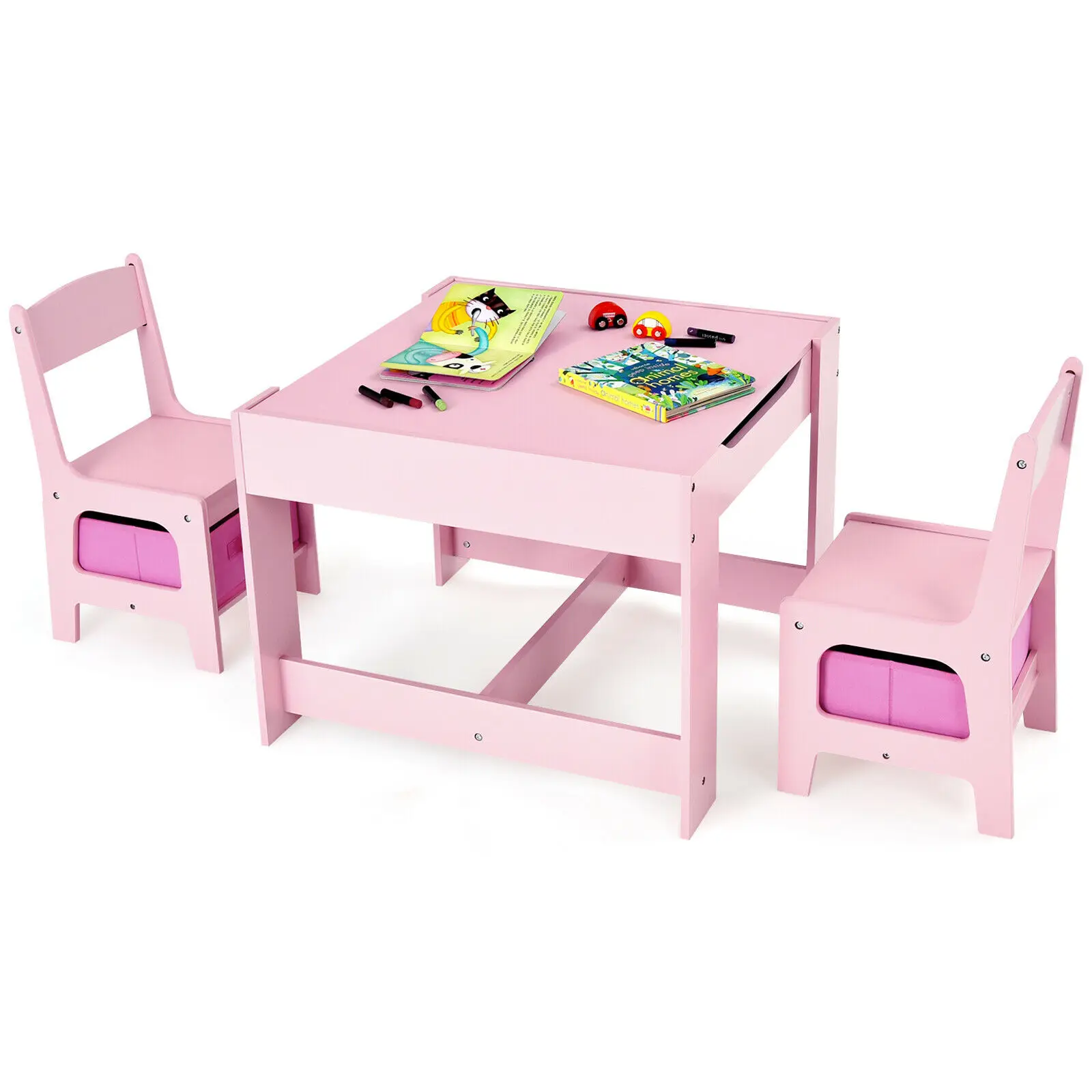 Babyjoy 3 in 1 Kids Wood Table Chairs Set w/ Storage Box Blackboard Drawing Pink  BB5584PI