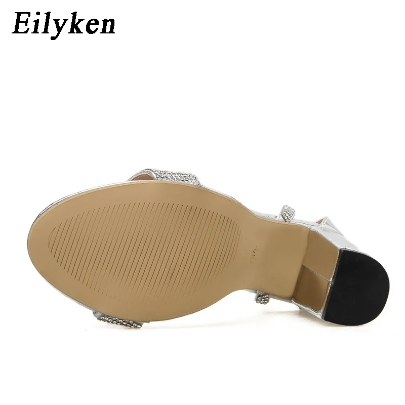 Eilyken Silver Bling Crystal Sexy Peep Toe Women Sandals Square Heel Buckle Strap Gladiator Stiletto Wedding Rhine Stone Shoes