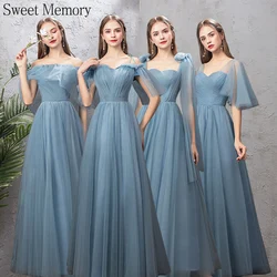 Custom Tulle Dusty Blue Bridesmaid Dresses Long Elegant Women Formal Gown Evening Vestido Longo Lace Up Prom Wedding Guest Dress