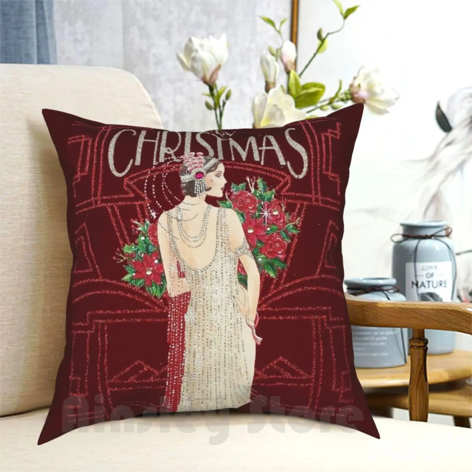 Flapper : Vintage Christmas Print Pillow Case Printed Home Soft Throw Pillow Flappers Christmas Flowers Petals Blossoms