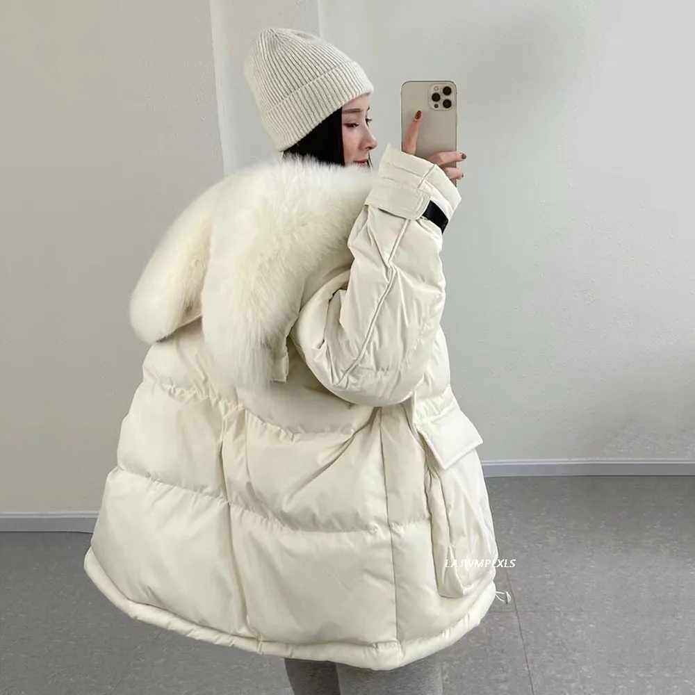 2022 Winter Women Real Fox Fur 90% White Duck Down Coat Female Thick Hooded Puffer Jacket With Big Natural Fur