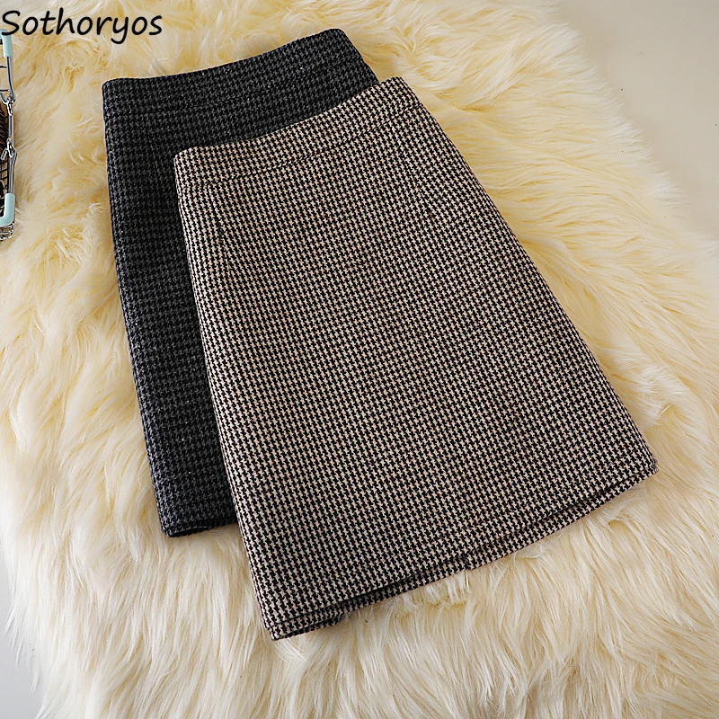 Houndstooth Thick Skirts Women Classic Tender Ladies OL Simple Chic Cozy High Waist Hip-skirt Mini Plaid Elegant Fall Winter Ins