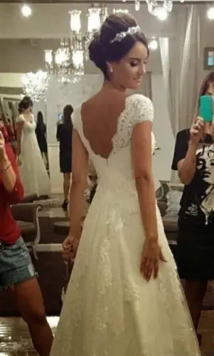 Vestido de noiv-line biała koronkowa długa z paciorkami elegancka aplikacja z krótkim rękawem Zipper suknia ślubna matka suknia dla panny młodej