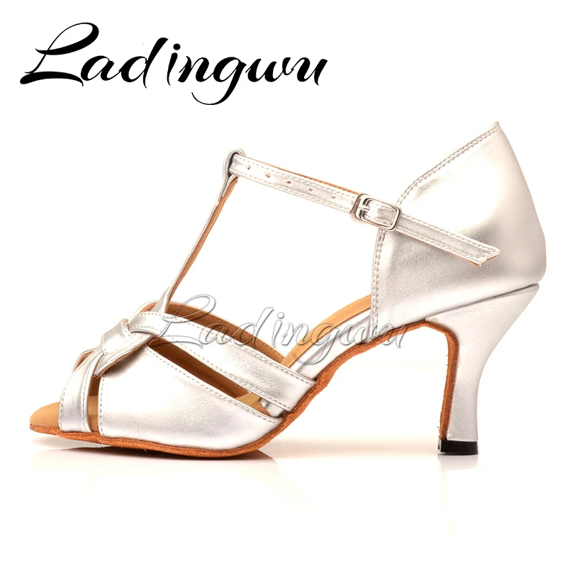 Ladingwu Women's Dance Shoes Soft Bottom Silver Leather Microfiber Samba Tango Ballroom Salsa Latin Dance Shoes Heel 6-10cm