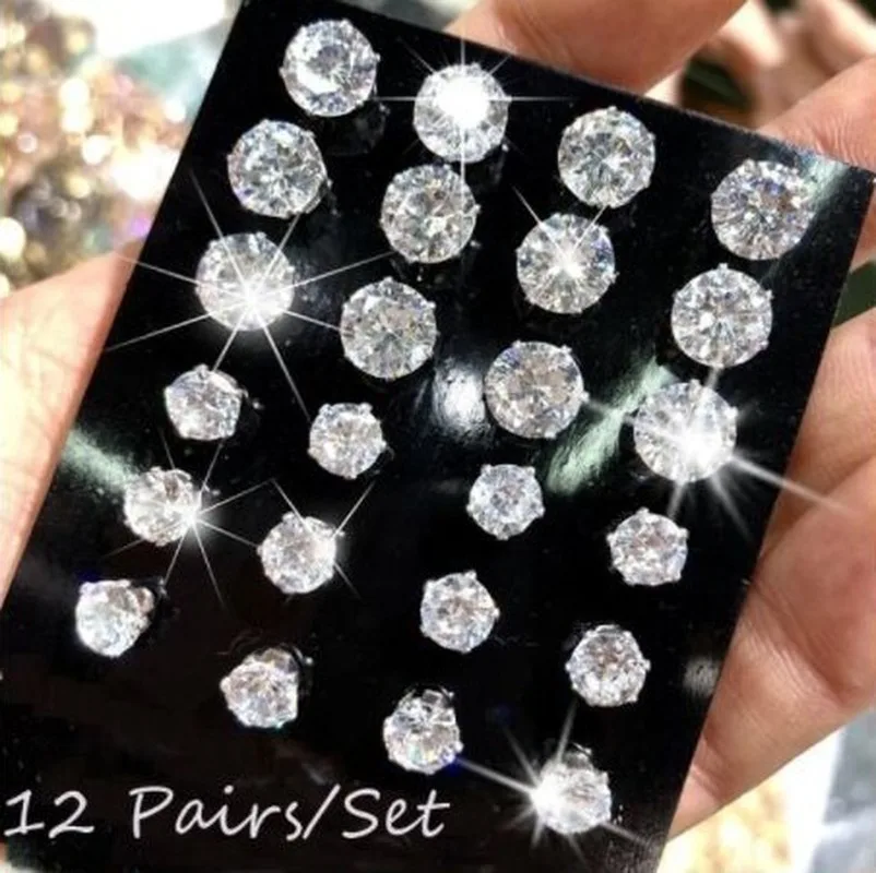 12 Pair/Pack AAA CZ Shiny Wedding Stud Earrings Set for Women Men Crystal Jewelry Accessories Earing Oorbellen Free Shipping