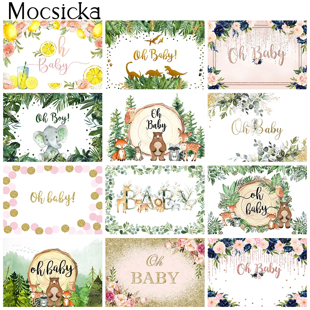 

Mocsicka Oh Baby Backdrop Safari Animals Green Leaves Newborn Kids Photo Birthday Background Photography Party Decoration Studio