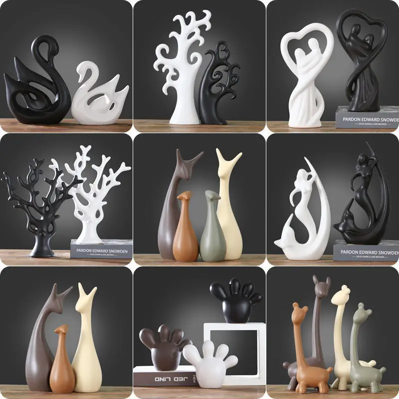 Nordic Gray Cute Deer Rabbit Elephant Ceramic Adornments Cabinet Store Bar Figurines Decoration Home Livingroom Sculpture Crafts