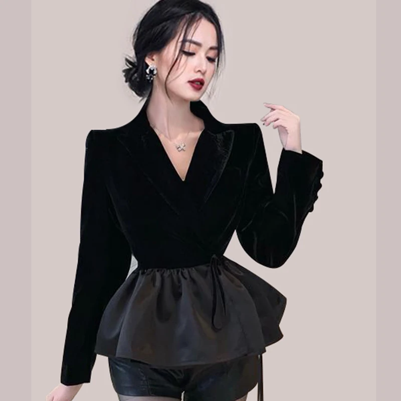 New Fashion Slim Velvet Jacket Coat Women Spring Design Long Sleeve Lace Up Splicing Ruffle Ladies Solid Color Top