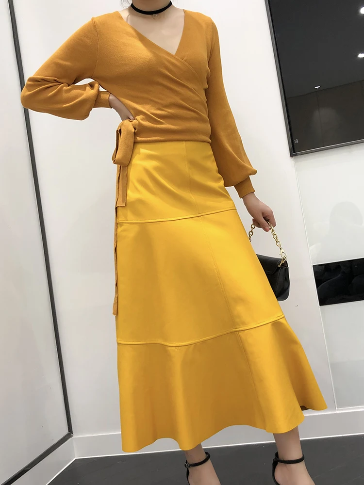 Women Genuine Leather 80 CM Long Skirt Female French Elegant Stitching Super Long Flared Saia Longa Mujer Yellow Umbrella Jupe