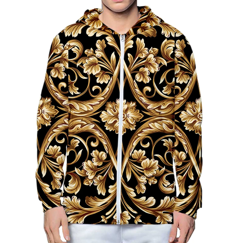 LCFA Gold Flower Luxury Royal Baroque Men's Hoodies 3D Print Pullover Sweatshirt Tracksuit Outfit Casual Outerwear Hoodies 4XL