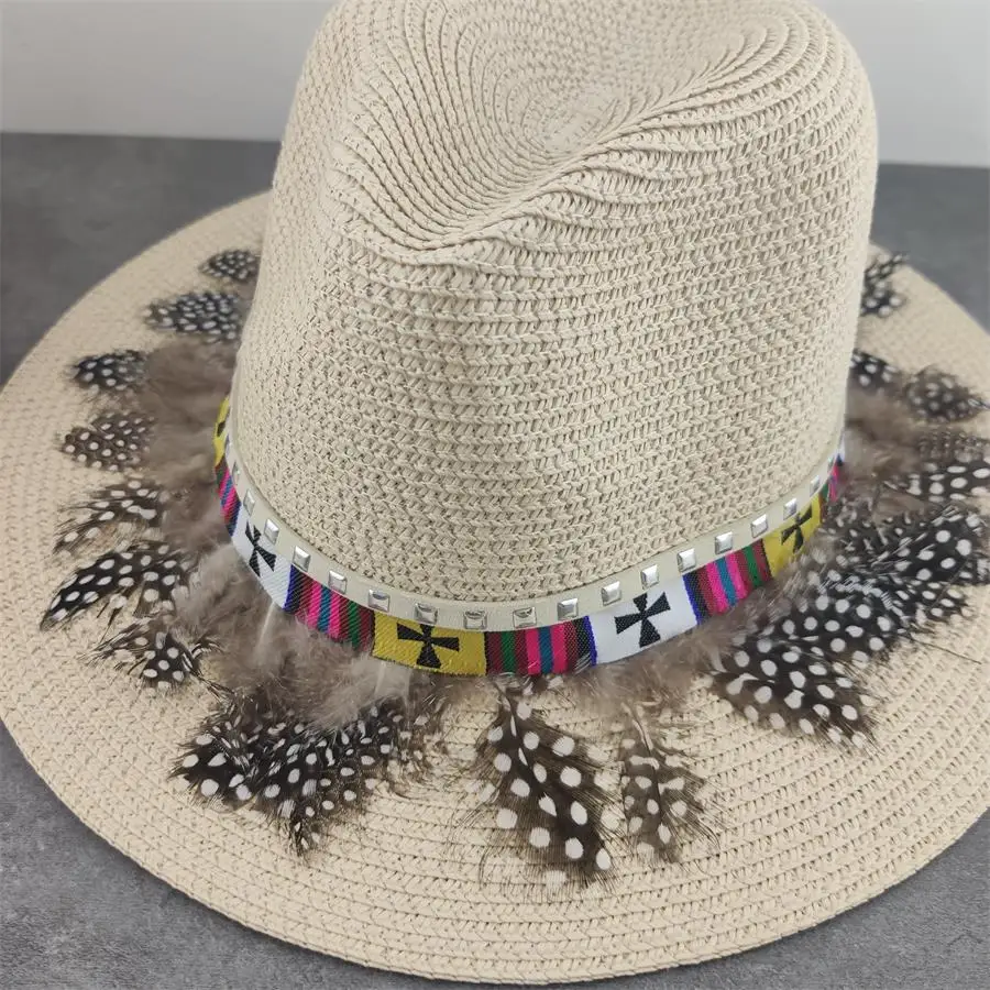 Boho sun hat flower straw hat summer sun block hat sunscreen style vacation outdoor sun hat straw beach wide brim hat