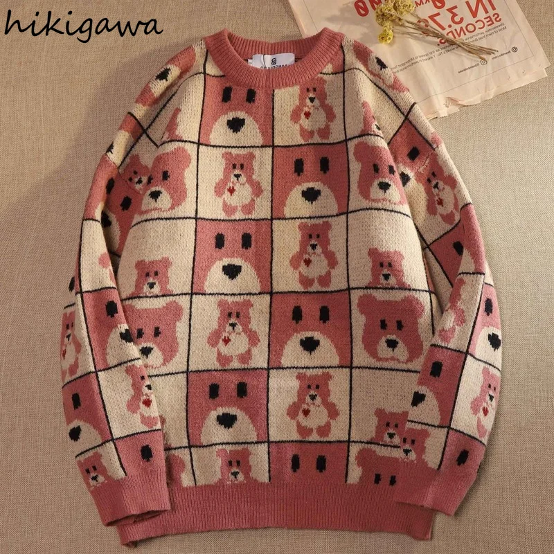 Hikigawa Vintage Woman Sweaters Cute Bear Knit Pullovers Tops Fall Clothes Korean Fashion Women\'s Sweater Oversized Pink Top