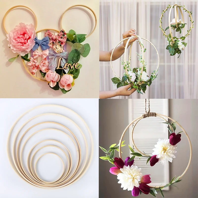 1 sztuk Home Decor bambusowy pierścień drewniane koło okrągły Catcher DIY Hoop dla wieniec kwiatów dom roślina ogrodowa wystrój wiszący kosz