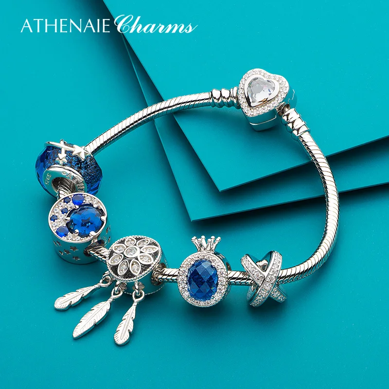 ATHENAIE 925 Sterling Silver Bule Spiritual Dreamcatcher  Charms Beads Fit Bracelet For Women Jewerly Valentine Day Gift