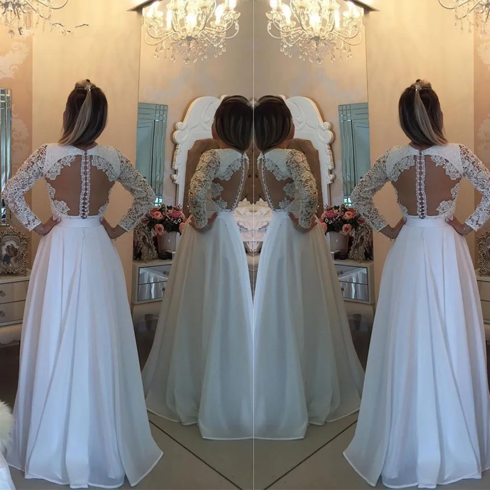 عرض رومانسي خاص فساتين طبيعية Vestido De Novia 2018 مثير بدون ظهر رداء De Mariage طويلة الأكمام الدانتيل أم العروس