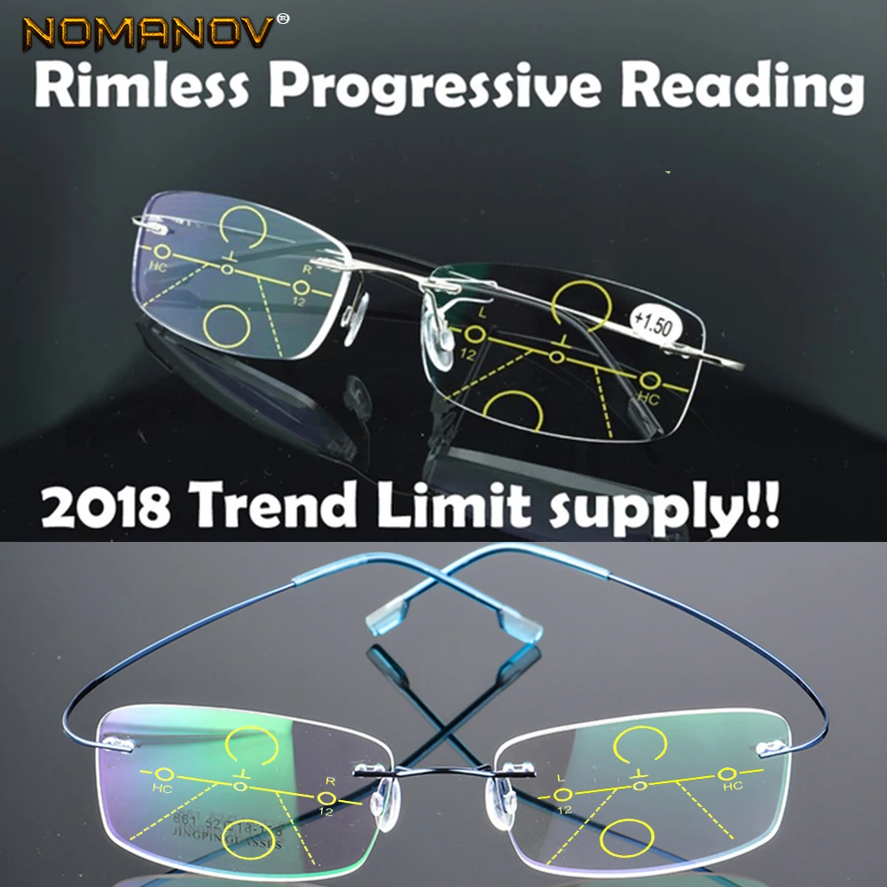 

NOMANOV = 8 Colors Titanium Alloy Rimless Progressive Multifocal Reading Glasses See Near And Far ADD +75 100 150 175 200 To 400