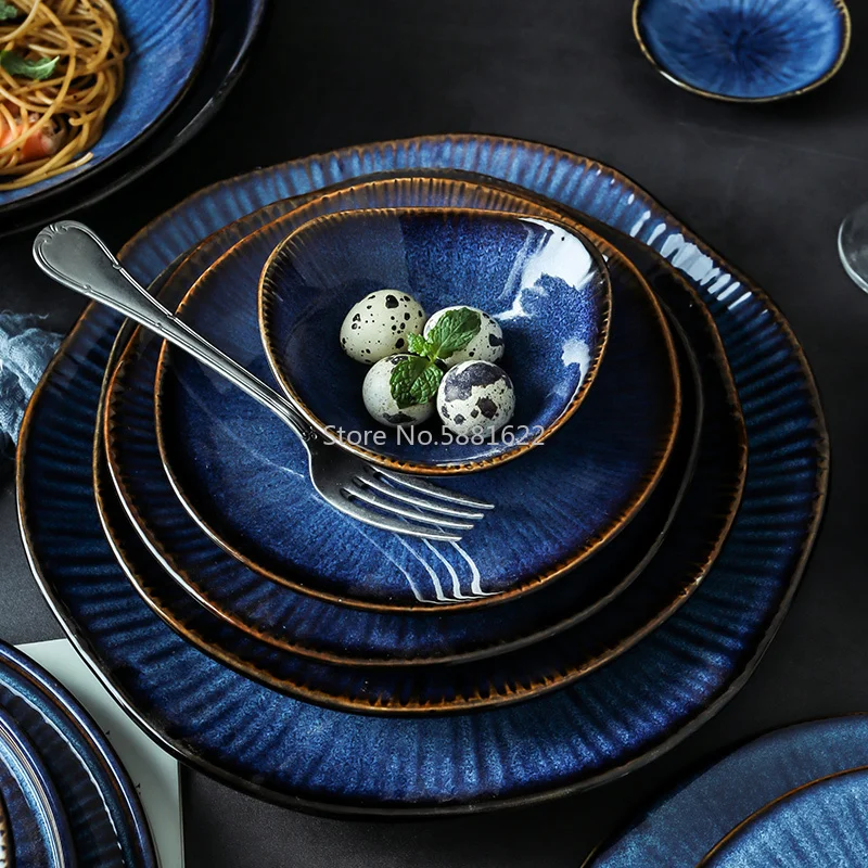 Blue Color Ceramic Tableware Home Flat Plate Deep Steak Dish Breakfast Dinner Plate Big Bow