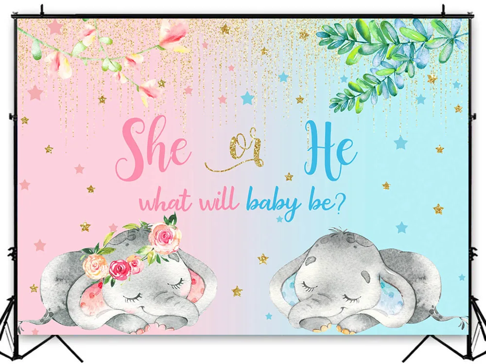 Mocsicka lei o lui genere rivela sfondo blu o rosa elefante sfondi a tema Baby Shower sorpresa forniture per decorazioni per feste