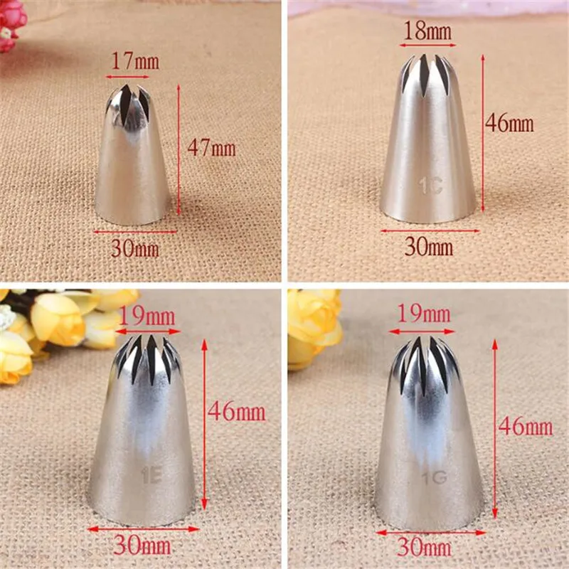 4pcs Large Icing Piping Nozzles For Decorating Cake Baking Cookie Cupcake Piping Nozzle Stainless Steel Pastry Tips #1B#1C#1E#1G