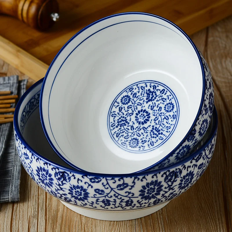 Blue and White Porcelain Noodle Bowl Ceramic Large Bowl Serving Bowls Chinese Dessert Bowl Round Pots Ramen Plates and Bowls