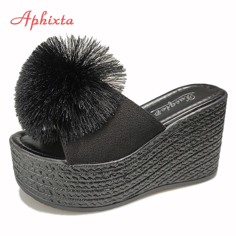 

Сланцы Aphixta женские с помпоном, пляжные шлепанцы на платформе 3,54 дюйма/9 см, танкетка, сабо, черные