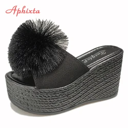 Aphixta Hairball 3.54 inch/9cm Wedge Heels Mule Black Slides Beach Platform Women Slippers Female Sandals Clog Shoes Women