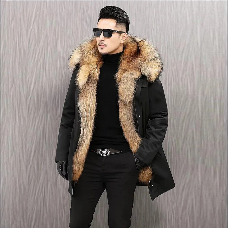 HANZANGL Fur Coat Men\'s plus size 2022 Winter Thick Parkas Hooded Jackets Liner Detachable Men Overcoat